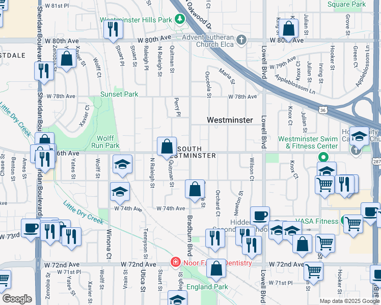 map of restaurants, bars, coffee shops, grocery stores, and more near Bradburn Boulevard in Westminster