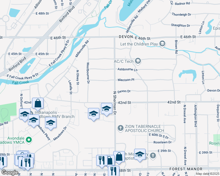 map of restaurants, bars, coffee shops, grocery stores, and more near 4314 North Sherman Drive in Indianapolis