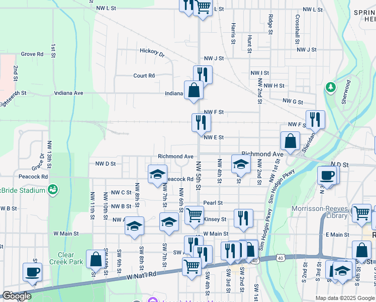 map of restaurants, bars, coffee shops, grocery stores, and more near 504 Northwest 5th Street in Richmond