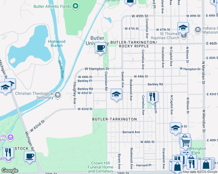 map of restaurants, bars, coffee shops, grocery stores, and more near 644 West 43rd Street in Indianapolis