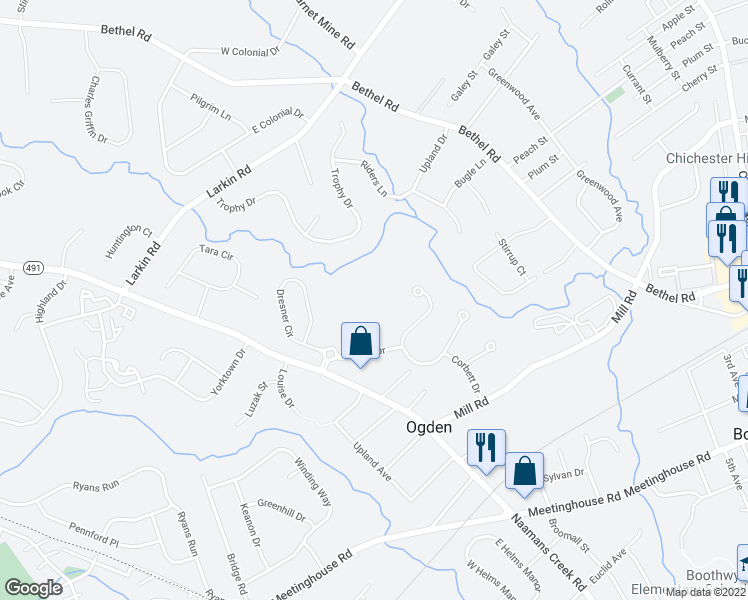 map of restaurants, bars, coffee shops, grocery stores, and more near 6000 Village Way in Boothwyn