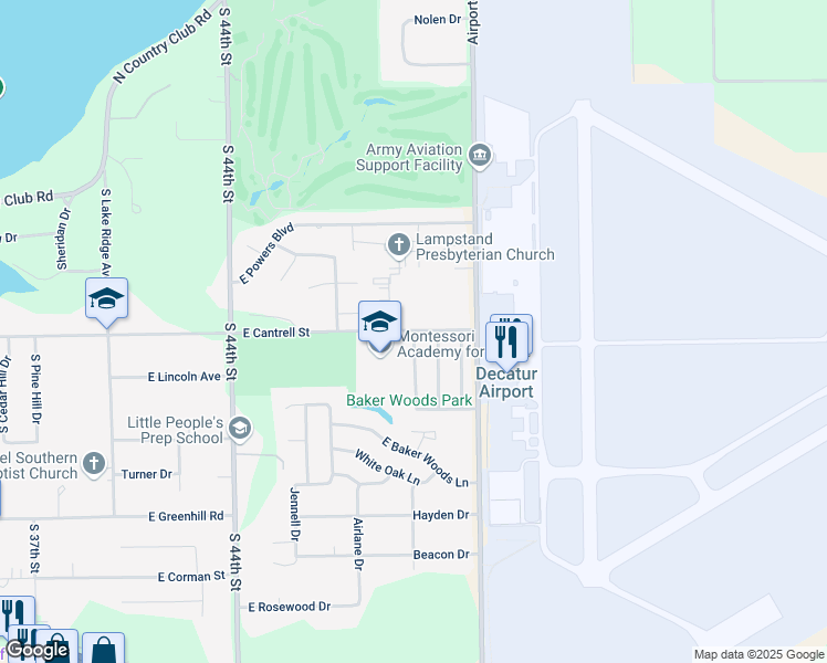 map of restaurants, bars, coffee shops, grocery stores, and more near 800 South Green Meadow Drive in Decatur