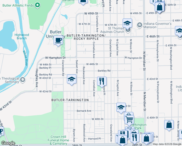 map of restaurants, bars, coffee shops, grocery stores, and more near 4302 Cornelius Avenue in Indianapolis