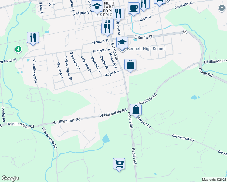 map of restaurants, bars, coffee shops, grocery stores, and more near 1023 James Walter Way in Kennett Square