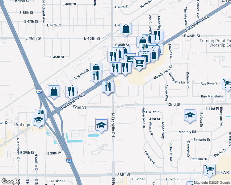 map of restaurants, bars, coffee shops, grocery stores, and more near 8016 East Louisville Way in Lawrence