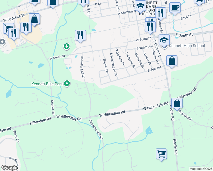 map of restaurants, bars, coffee shops, grocery stores, and more near 614 Ridge Avenue in Kennett Square