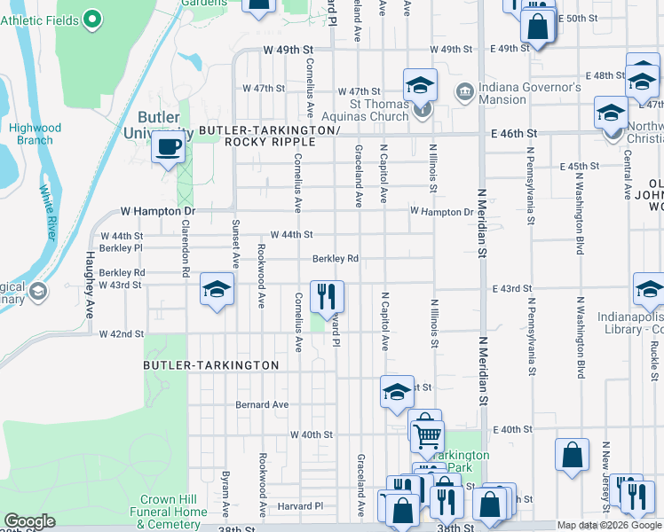 map of restaurants, bars, coffee shops, grocery stores, and more near 312 West 43rd Street in Indianapolis