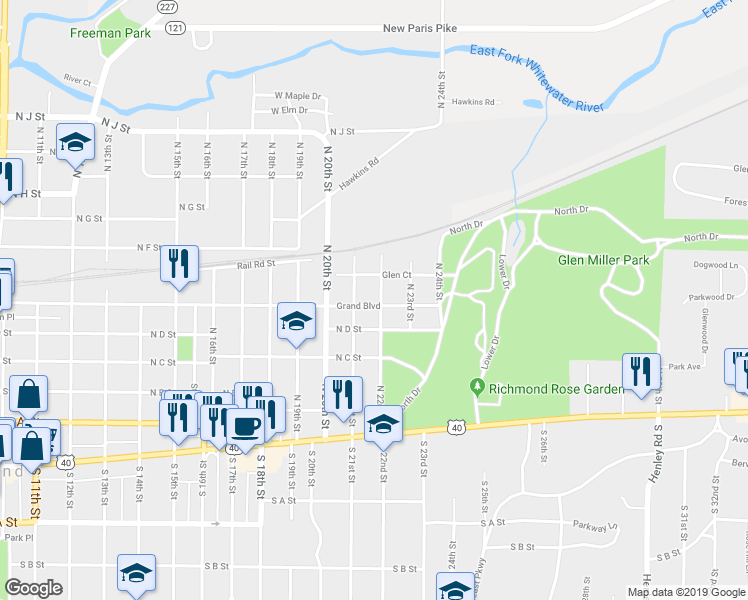 map of restaurants, bars, coffee shops, grocery stores, and more near 2120 Grand Boulevard in Richmond