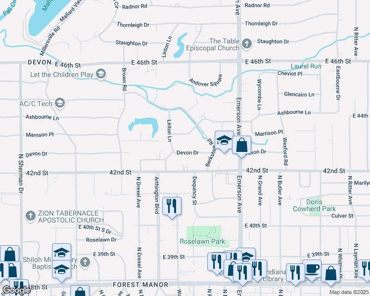 map of restaurants, bars, coffee shops, grocery stores, and more near 4661 Devon Drive in Indianapolis