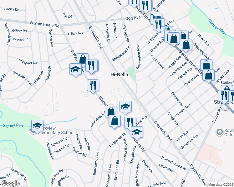 map of restaurants, bars, coffee shops, grocery stores, and more near 14 Fox Ridge Drive in Hi-Nella