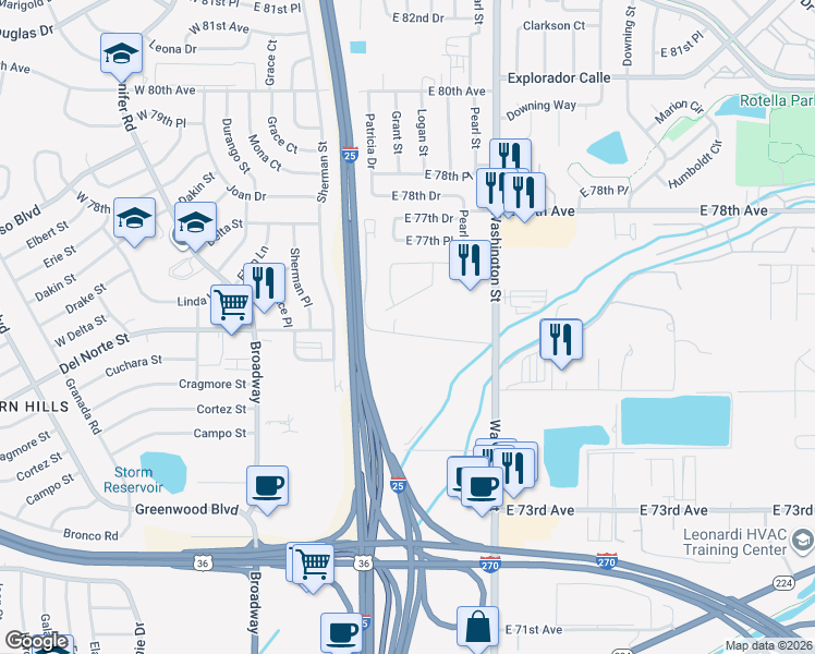 map of restaurants, bars, coffee shops, grocery stores, and more near 390 East 76th Avenue in Denver