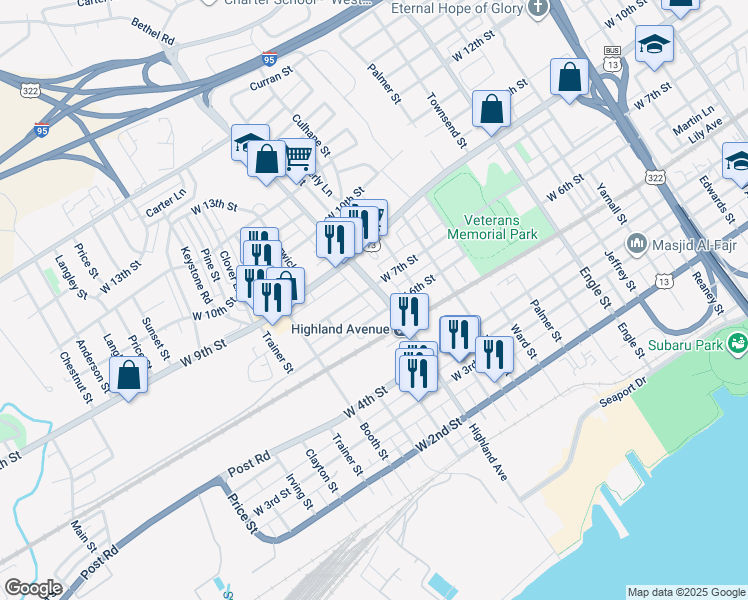 map of restaurants, bars, coffee shops, grocery stores, and more near 2830 West 6th Street in Chester
