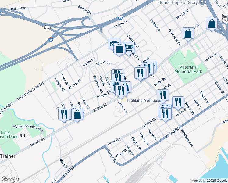 map of restaurants, bars, coffee shops, grocery stores, and more near 3116 West 9th Street in Chester