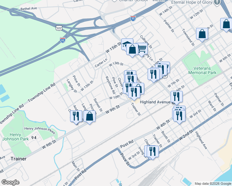 map of restaurants, bars, coffee shops, grocery stores, and more near 1004 Keystone Road in Chester