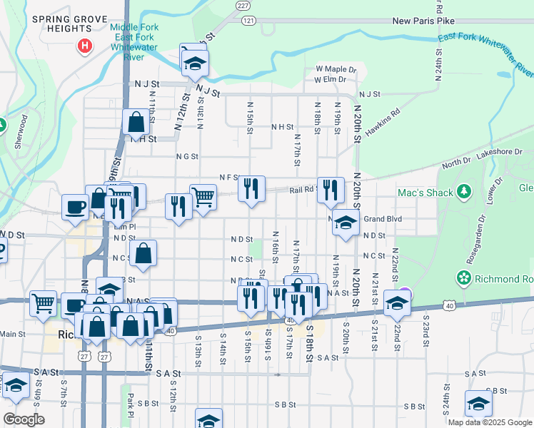 map of restaurants, bars, coffee shops, grocery stores, and more near 414 North 16th Street in Richmond