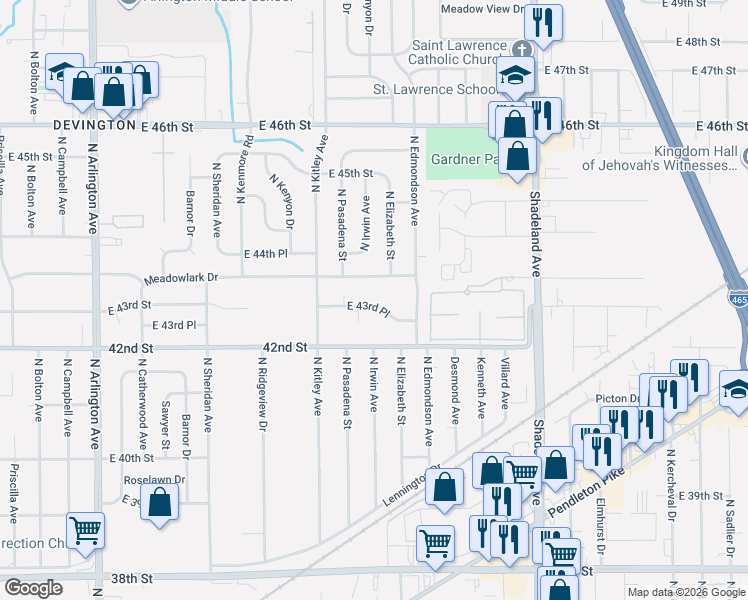 map of restaurants, bars, coffee shops, grocery stores, and more near 3 Fay Court in Indianapolis