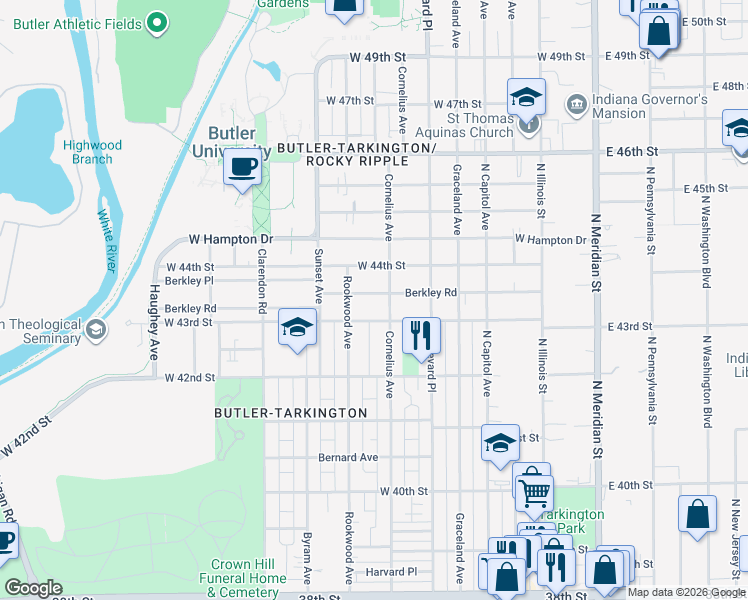 map of restaurants, bars, coffee shops, grocery stores, and more near 4302 Cornelius Avenue in Indianapolis
