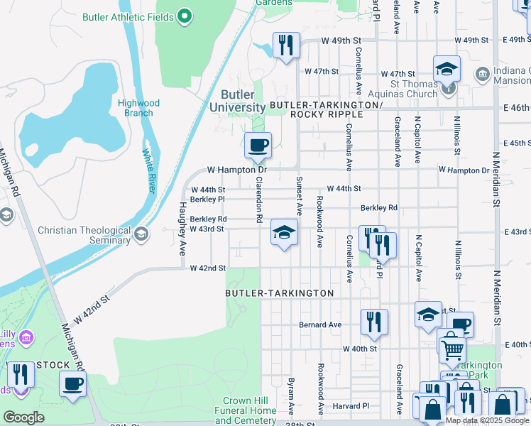 map of restaurants, bars, coffee shops, grocery stores, and more near 644 West 43rd Street in Indianapolis