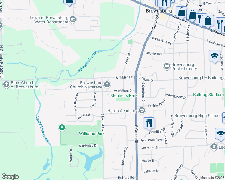 map of restaurants, bars, coffee shops, grocery stores, and more near 117 West William Drive in Brownsburg