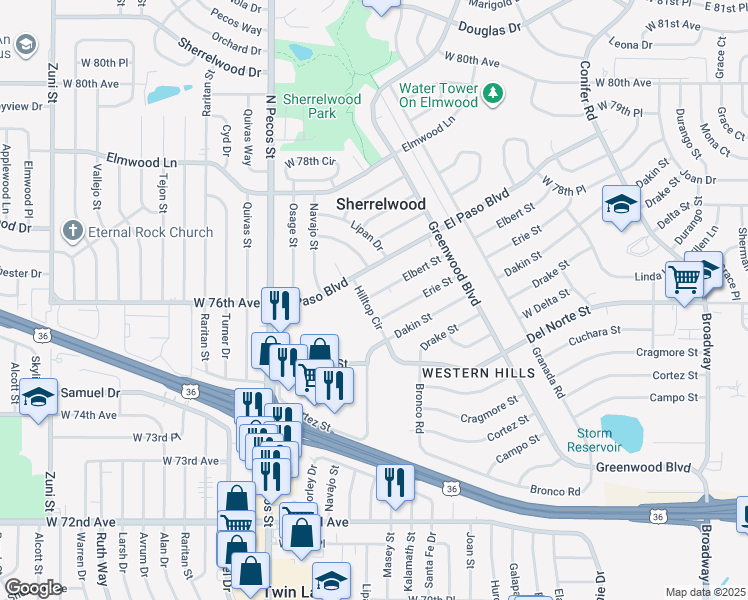 map of restaurants, bars, coffee shops, grocery stores, and more near 7646 Hilltop Circle in Denver
