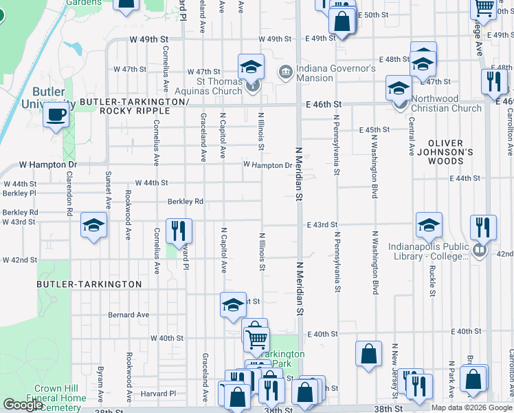 map of restaurants, bars, coffee shops, grocery stores, and more near 4290 North Illinois Street in Indianapolis