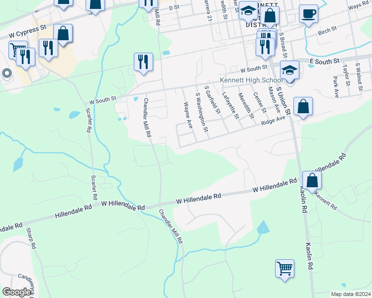 map of restaurants, bars, coffee shops, grocery stores, and more near 614 Ridge Avenue in Kennett Square