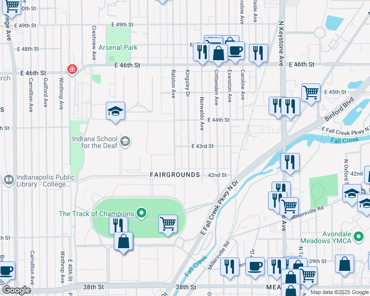 map of restaurants, bars, coffee shops, grocery stores, and more near 4229 Kingsley Drive in Indianapolis
