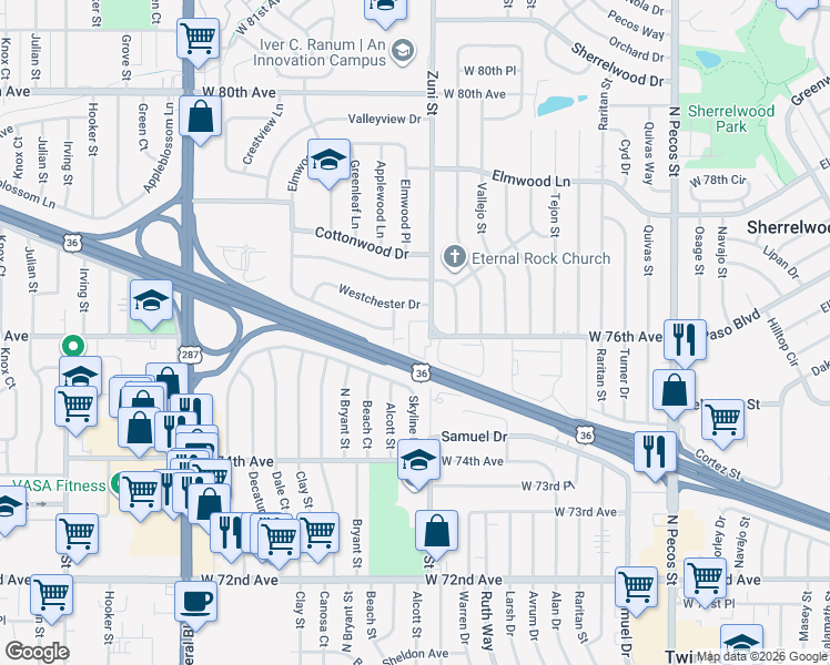 map of restaurants, bars, coffee shops, grocery stores, and more near 7595 Zuni Street in Denver