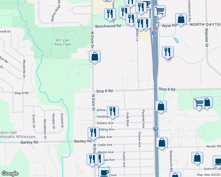 map of restaurants, bars, coffee shops, grocery stores, and more near 3060 Stop 8 Road in Dayton