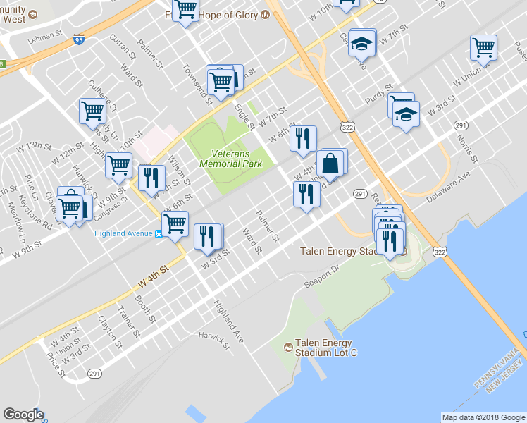 map of restaurants, bars, coffee shops, grocery stores, and more near 315 Palmer Street in Chester