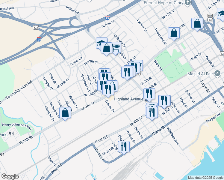 map of restaurants, bars, coffee shops, grocery stores, and more near 3028 West 9th Street in Chester