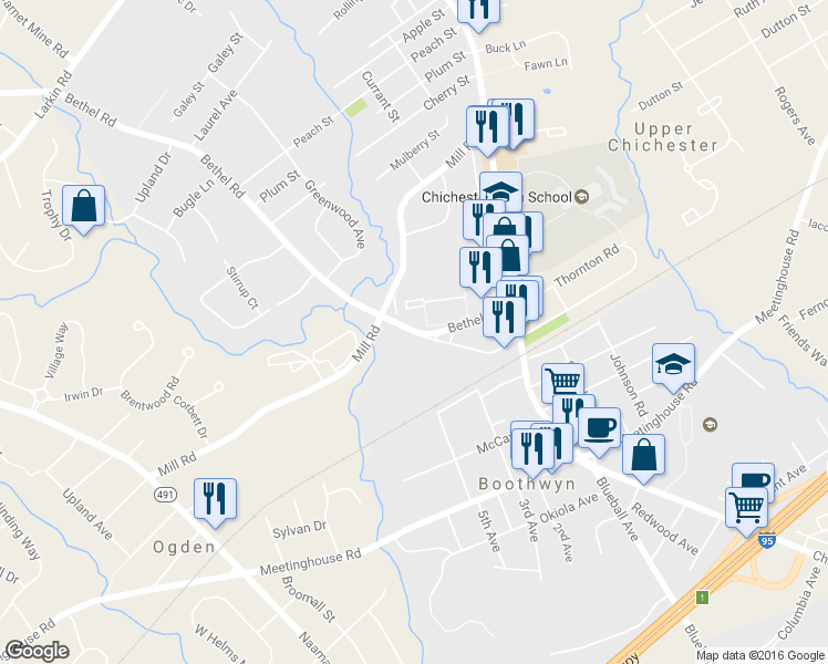 map of restaurants, bars, coffee shops, grocery stores, and more near 3158 Bethel Road in Boothwyn