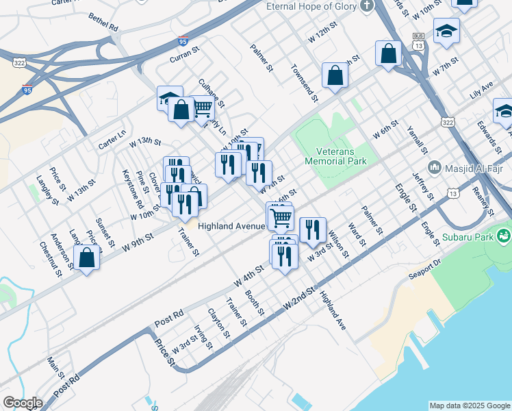 map of restaurants, bars, coffee shops, grocery stores, and more near 612 Highland Avenue in Chester