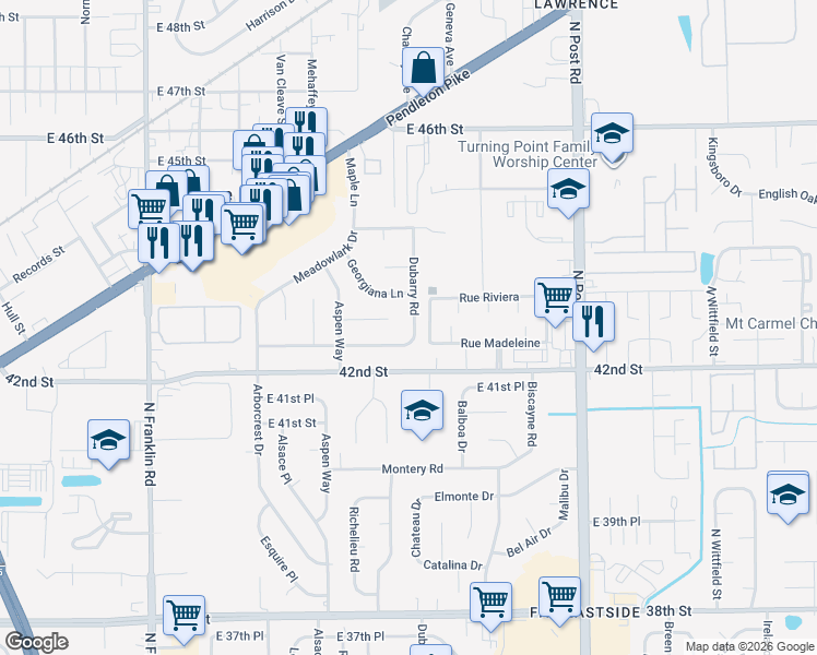 map of restaurants, bars, coffee shops, grocery stores, and more near 4240 Dubarry Road in Indianapolis