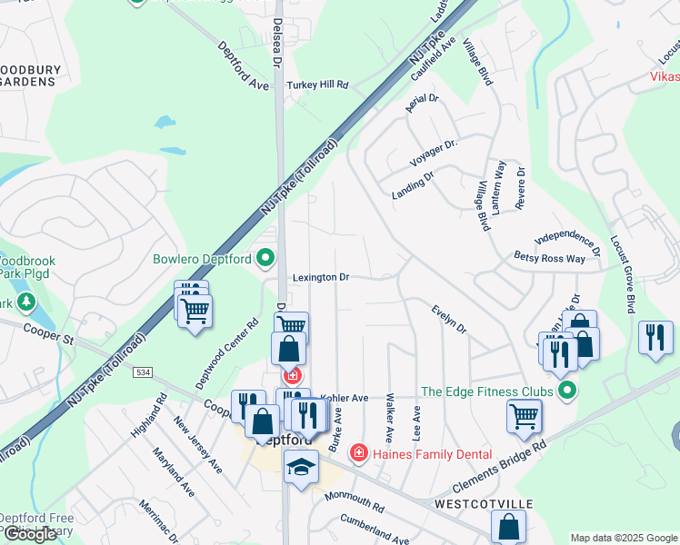 map of restaurants, bars, coffee shops, grocery stores, and more near 1066 Lexington Drive in Deptford