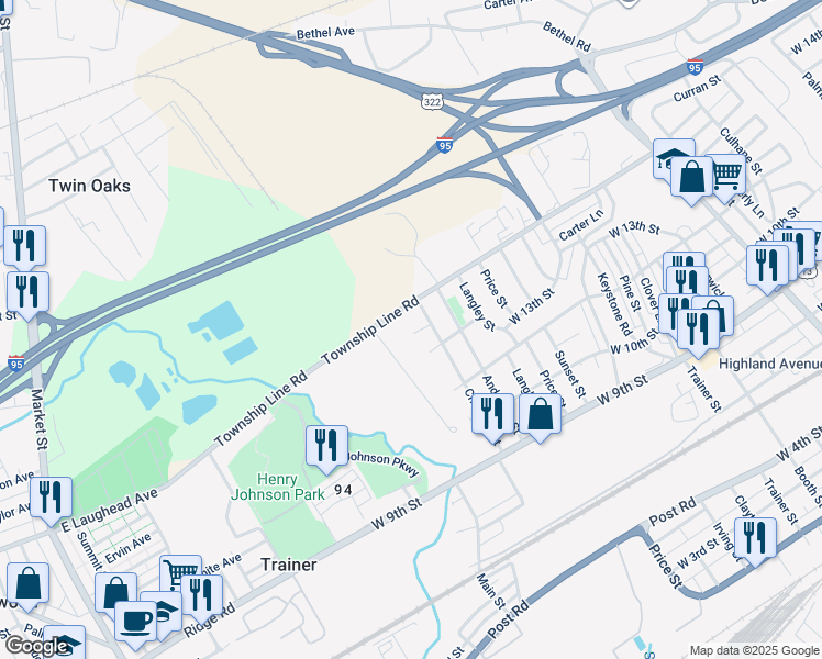 map of restaurants, bars, coffee shops, grocery stores, and more near 4018 Roseanna Court in Trainer