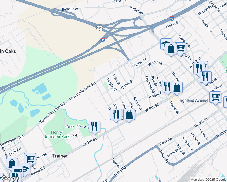 map of restaurants, bars, coffee shops, grocery stores, and more near 1316 Langley Street in Trainer