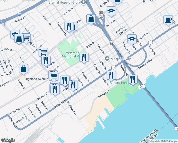 map of restaurants, bars, coffee shops, grocery stores, and more near 2300 West 3rd Street in Chester