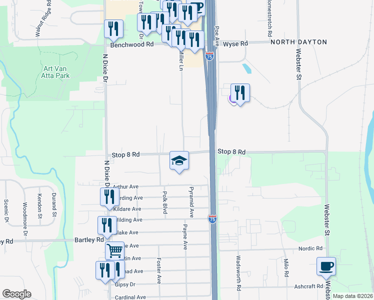 map of restaurants, bars, coffee shops, grocery stores, and more near 3195 Stop 8 Road in Dayton
