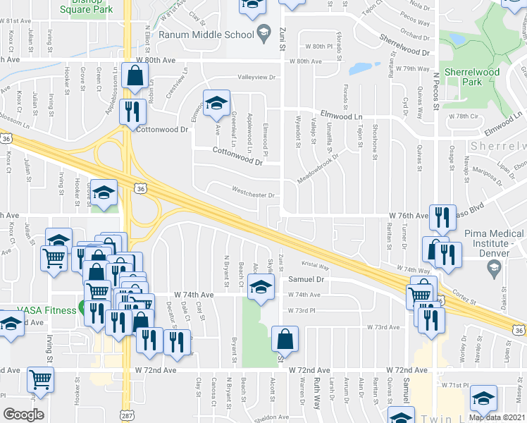 map of restaurants, bars, coffee shops, grocery stores, and more near 7574 Heather Place in Denver