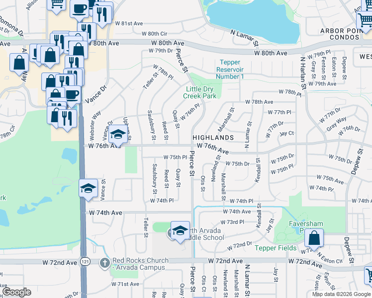 map of restaurants, bars, coffee shops, grocery stores, and more near 7562 Pierce Street in Arvada