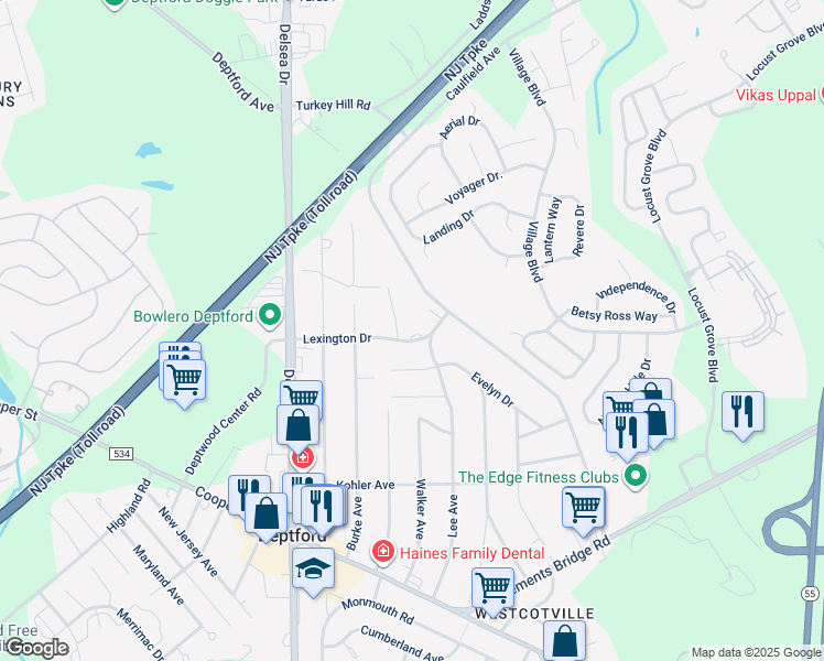 map of restaurants, bars, coffee shops, grocery stores, and more near 1107 Lexington Drive in Deptford