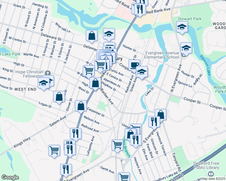 map of restaurants, bars, coffee shops, grocery stores, and more near 160 Franklin Street in Woodbury