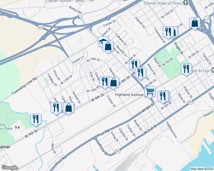 map of restaurants, bars, coffee shops, grocery stores, and more near 3116 West 9th Street in Chester