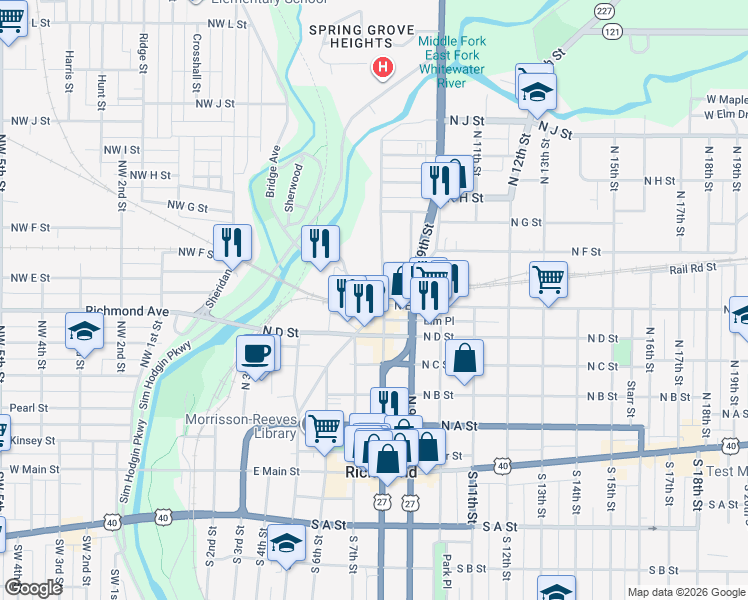map of restaurants, bars, coffee shops, grocery stores, and more near 170 Fort Wayne Avenue in Richmond