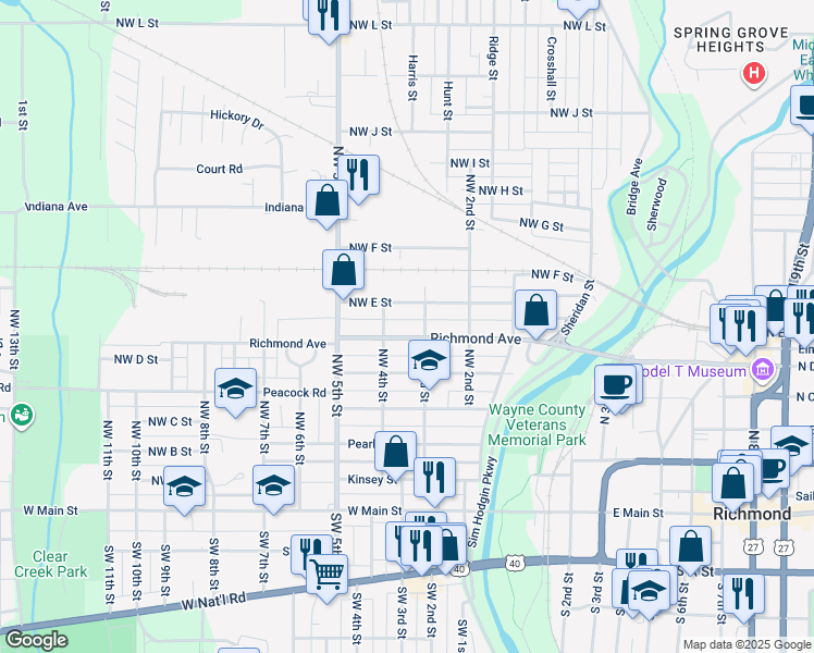 map of restaurants, bars, coffee shops, grocery stores, and more near 417 Northwest 3rd Street in Richmond