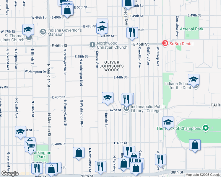 map of restaurants, bars, coffee shops, grocery stores, and more near 4307 North Park Avenue in Indianapolis