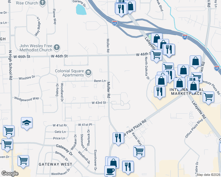 map of restaurants, bars, coffee shops, grocery stores, and more near 5457 Grouse Court in Indianapolis