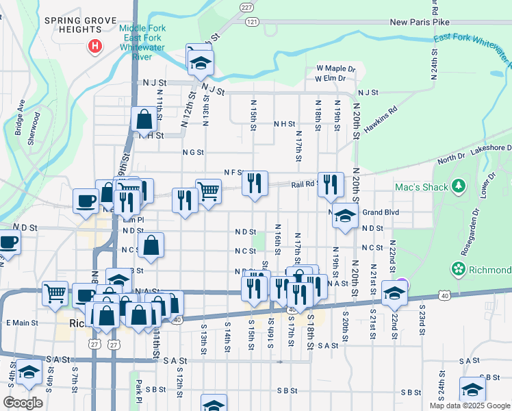 map of restaurants, bars, coffee shops, grocery stores, and more near 410 North 15th Street in Richmond