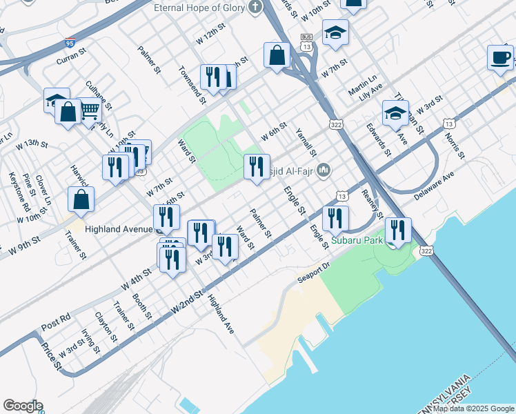 map of restaurants, bars, coffee shops, grocery stores, and more near 315 Palmer Street in Chester